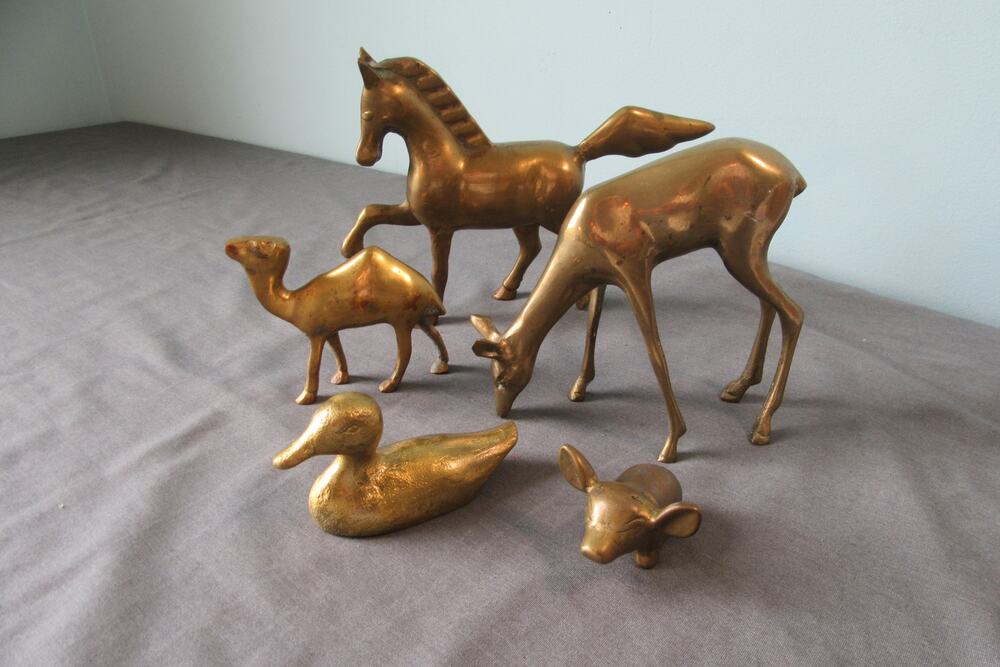 Brass Animals Figurines Set Of 5 Mixed Horse Deer Camel Duck Pig